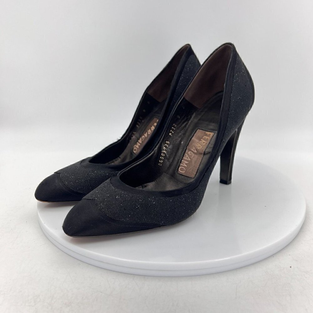 Salvatore Ferragamo Riflessa Women Size 8 B Black Satin Slip On High Heel Pumps